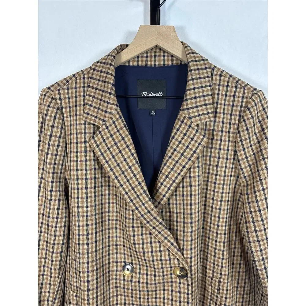 Madewell Caldwell Double Breasted Blazer Women XL Brown Plaid Oversized Academia